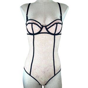 Gilligan O'Malley Lacey Pale Pink Black Trim One Piece Lingerie Bodysuit Size XS